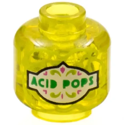 Trans-Yellow Minifigure, Head without Face with Green 'ACID POPS' on White Label Pattern