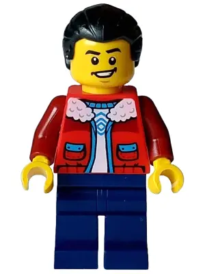 Man - Red Jacket with White Fleece Collar, Dark Blue Legs, Black Hair Ponytail