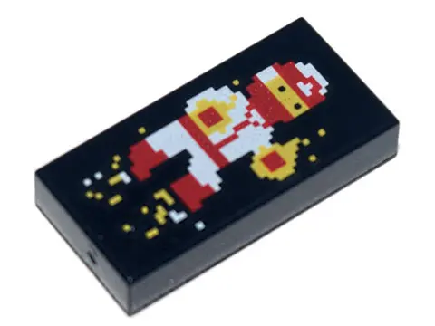 Black Tile 1 x 2 with Pixelated Red and White Ninja with Hands on Fire Pattern