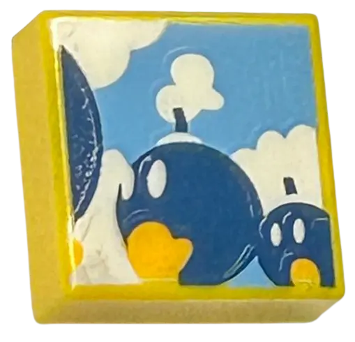 Yellow Tile 1 x 1 with Dark Blue Walking Bombs and White Clouds on Medium Blue Background Pattern (S