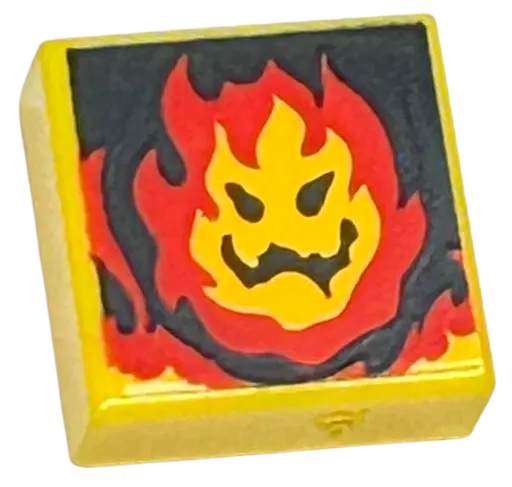 Yellow Tile 1 x 1 with Red Flames and Black Face Pattern (Super Mario Lethal Lava Land)