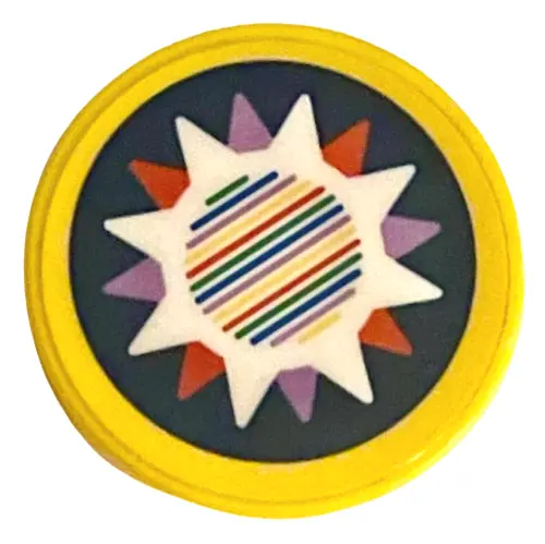 Yellow Tile, Round 2 x 2 with Bottom Stud Holder with Lavender, Red, and White Star with Barcode on 