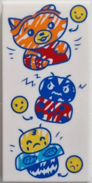 White Tile 2 x 4 with Orange, Red, Blue and Yellow Drawings of Happy Fox, Angry Ladybug, Sad Bee and