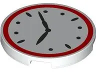White Tile, Round 3 x 3 with Clock Face with Red Border and Black Hands Pattern