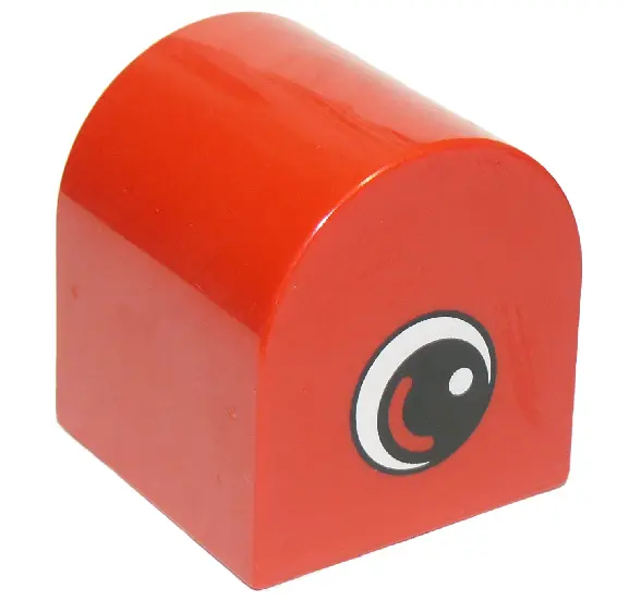 Red Duplo, Brick 2 x 2 x 2 Slope Curved Double with Circled Black Eye with Arc and White Pupil Patte