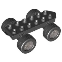 Black Duplo Car Base 2 x 6 with Four Black Wheels and Metallic Silver Hubs