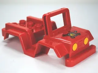 Red Duplo Car Body Jeep with Headlights and Fire Logo Pattern