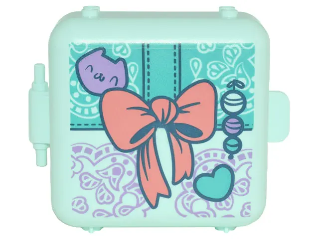 Light Aqua Container, Box 3 x 8 x 6 2/3 Half Front with Present with Coral Bow, Medium Lavender Cat 