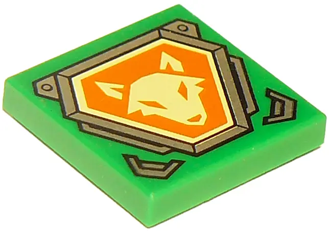Green Tile 2 x 2 with Bright Light Yellow Fox Head on Orange Hexagonal Shield with Silver Border Pat