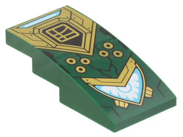 Dark Green Slope, Curved 4 x 2 with Black and Gold Armor, Circles, Ninjago Logogram Letter L in Squa