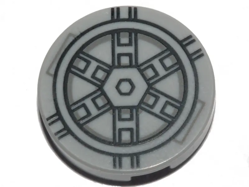 Light Bluish Gray Tile, Round 2 x 2 with Bottom Stud Holder with Black SW TIE Bomber Pattern