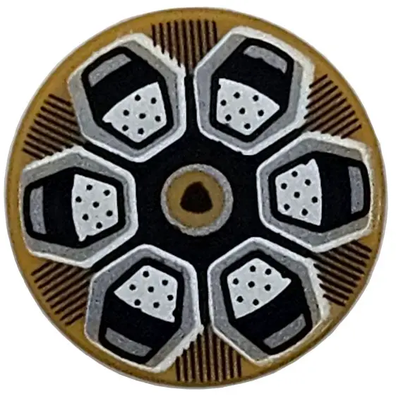 Pearl Gold Tile, Round 2 x 2 with Bottom Stud Holder with Wheel Rim with Silver Hexagonal Spokes, Bl