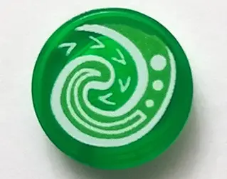 Trans-Green Tile, Round 1 x 1 with Bright Green and White Koru Spiral Symbol Pattern (Moana Heart of
