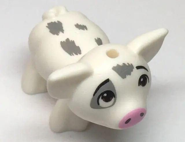 White Pig, Friends Style with Black Eyebrows, Reddish Brown Eyes Looking Up, Bright Pink Nose, and D