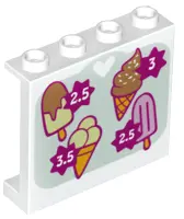 White Panel 1 x 4 x 3 with Side Supports - Hollow Studs with Sign with 4 Ice Cream Cones and Prices 