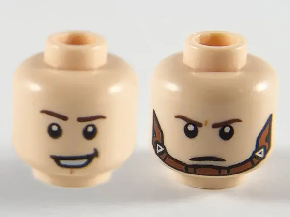 Nougat Minifigure, Head Dual Sided Dark Brown Eyebrows, Lopsided Grin / Reddish Brown Chin Strap Pat