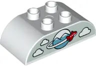 White Duplo, Brick 2 x 4 Slope Curved Double with Clouds, Medium Azure Mountains, and Red Airplane o