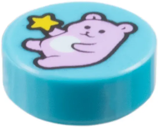 Azure Tile, Round 1 x 1 with Bright Pink Teddy Bear, Yellow Star Pattern
