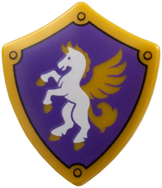 Gold Minifigure, Shield Quadrilateral with White and Gold Pegasus on Dark Purple Background Pattern
