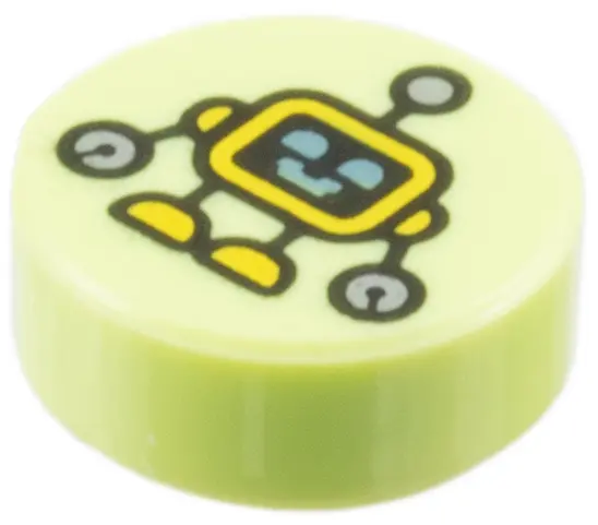 Green Tile, Round 1 x 1 with Yellow Robot with Metallic Light Blue Eyes and Mouth, Silver Hands Patt
