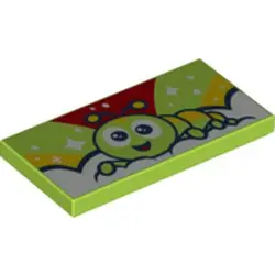 Lime Tile 2 x 4 with Caterpillar, Lime, Red and Yellow Sky and White Stars Pattern