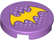 Medium Lavender Tile, Round 2 x 2 with Bottom Stud Holder with Yellow Bat Symbol and Small White Dot