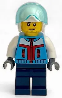 Stunt Plane Pilot - Male, Dark Azure Jacket, Dark Blue Legs, White Helmet, Trans-Light Blue Visor, S