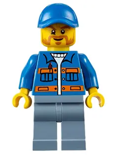 Blue Jacket with Pockets and Orange Stripes, Sand Blue Legs, Blue Short Bill Cap, Beard