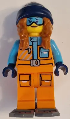 Arctic Explorer - Female, Orange Jacket, Dark Orange Braids with Dark Blue Beanie, Medium Azure Gogg