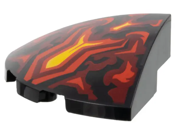 Black Slope, Curved 3 x 3 Corner Round with Red, Dark Red, and Yellow Flames Pattern