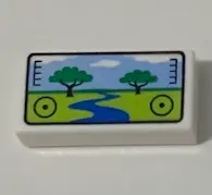 White Tile 1 x 2 with Viewfinder Screen Image of Safari Park with 2 Trees and River Pattern