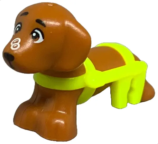 Dark Orange Dog, Friends Style, Dachshund with Molded Neon Yellow Wheelchair Harness and Printed Eye