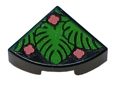 Black Tile, Round 1 x 1 Quarter with Bright Green Tropical Leaves and Coral Flowers Pattern