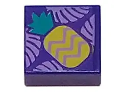 Dark Purple Tile 1 x 1 with Medium Lavender Tropical Leaves and Yellow Pineapple with Dark Turquoise