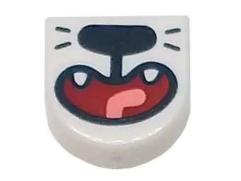 White Tile, Round 1 x 1 Half Circle Extended with Black Nose and Whiskers, Dark Red Open Mouth Smile