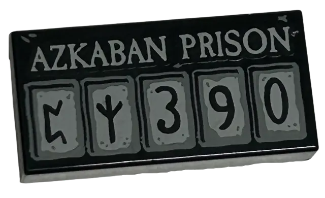 Black Tile 1 x 2 with Light Bluish Gray 'AZKABAN PRISON' and Squares with Runes and '390' Pattern