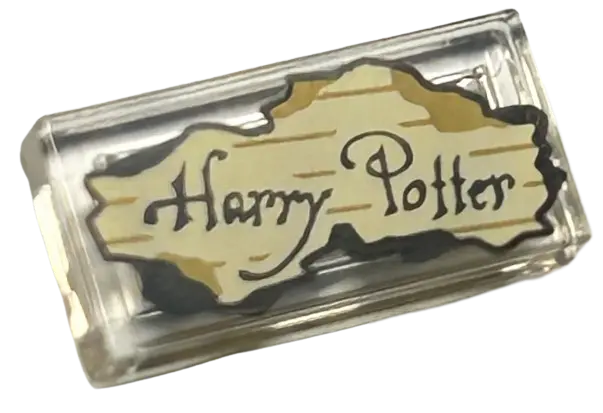 Trans-Clear Tile 1 x 2 with Dark Brown 'Harry Potter' on Tan Parchment Paper with Dark Tan Lines and