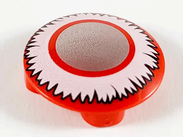 Red Plate, Round 2 x 2 with Rounded Bottom (Boat Stud) with Gold Circle with White Fringe Pattern