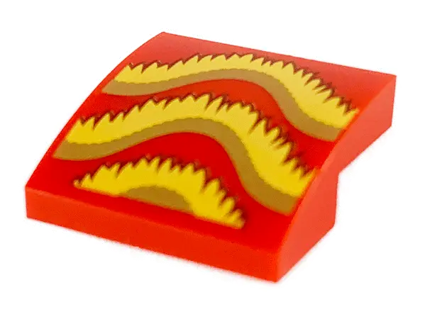 Red Slope, Curved 2 x 2 x 2/3 with Gold, Bright Light Orange, and Dark Red Fringe Pattern
