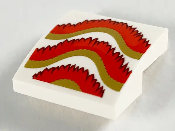 White Slope, Curved 2 x 2 x 2/3 with Dark Red, Red, and Gold Fringe Pattern