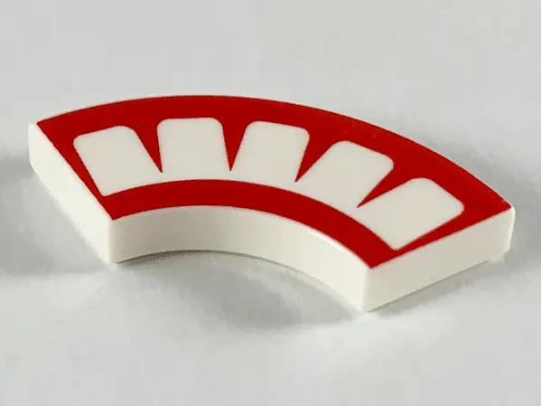 White Tile, Round Corner 2 x 2 Macaroni with Red Mouth with 5 White Teeth Pattern