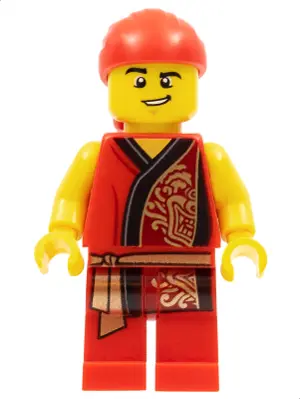 Lion Dance Musician, Red Head Wrap, Lopsided Grin, Raised Eyebrow, Red Robe with Gold Dragon