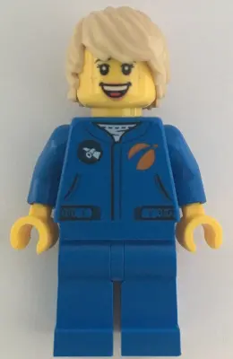 Astronaut - Female, Blue Jumpsuit, Tan Hair Tousled with Side Part, Freckles, Open Mouth Smile
