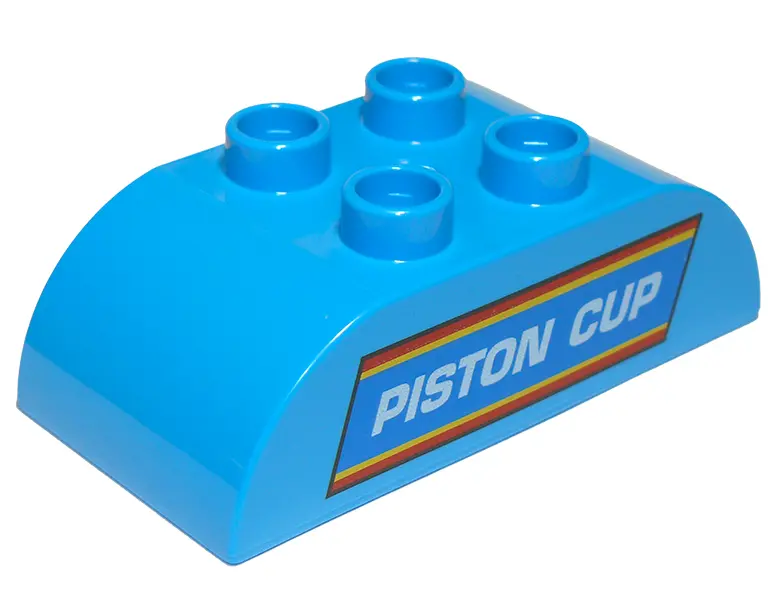 Dark Azure Duplo, Brick 2 x 4 Slope Curved Double with White 'PISTON CUP' on Blue, Red, and Yellow S