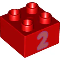Red Duplo, Brick 2 x 2 with Number 2 Coral Pattern