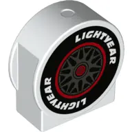 White Duplo, Brick 1 x 2 x 2 Round Top, Cut Away Sides with Wheel, Black Tire, and 'LIGHTYEAR' Patte