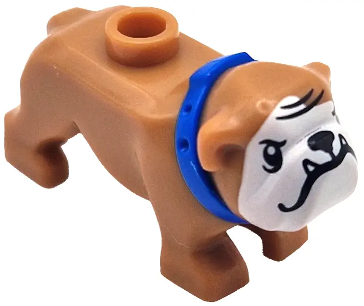 Nougat Dog, Bulldog with Molded Blue Collar and Printed Black Eyes, Nose, Mouth, Teeth and Forehead 