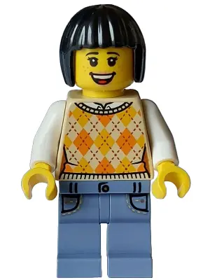 Tourist - Female, Tan Knit Argyle Sweater Vest, Sand Blue Legs with Pockets, Black Bob Cut Hair, Fre