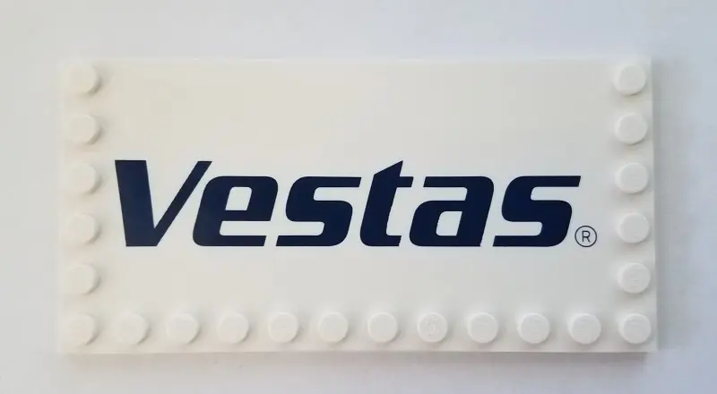 White Tile, Modified 6 x 12 with Studs on Edges with 'Vestas' Logo Pattern
