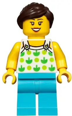 Female, White Halter Top with Green Apples and Lime Spots, Medium Azure Legs, Dark Brown Ponytail